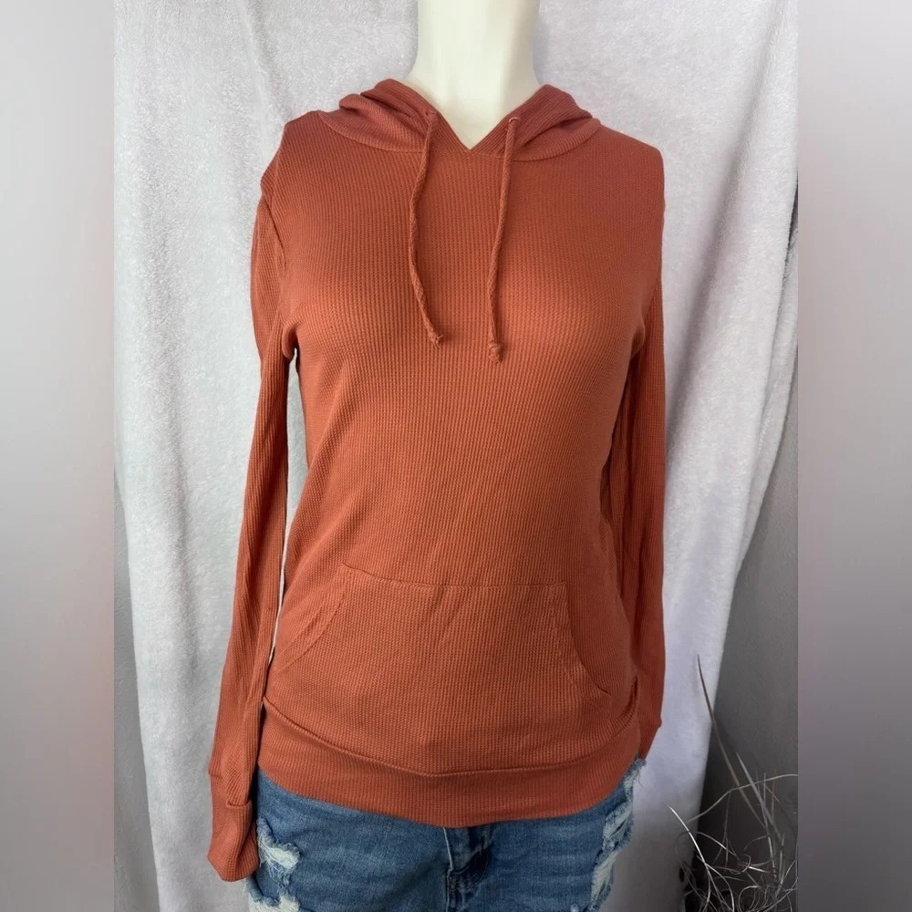 Fashion Nova Ribbed Knit‎ Hoodie Pullover with Pocket Casual Top Orange M